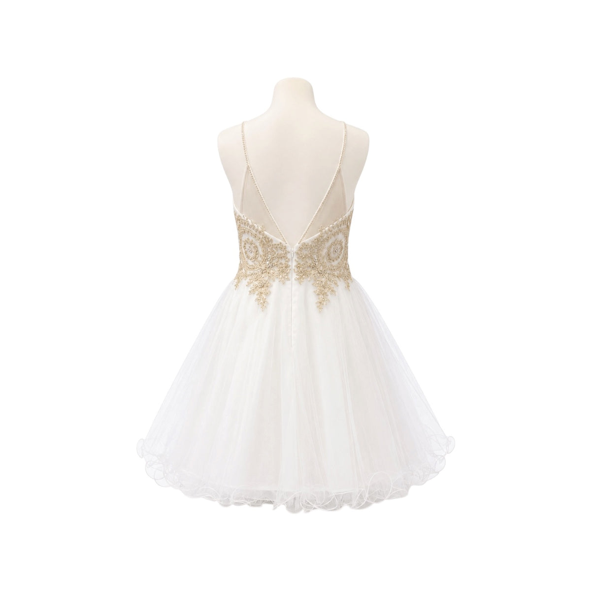 White & Gold Halter Embroidered Jr. Dress with Tulle Skirt (M)