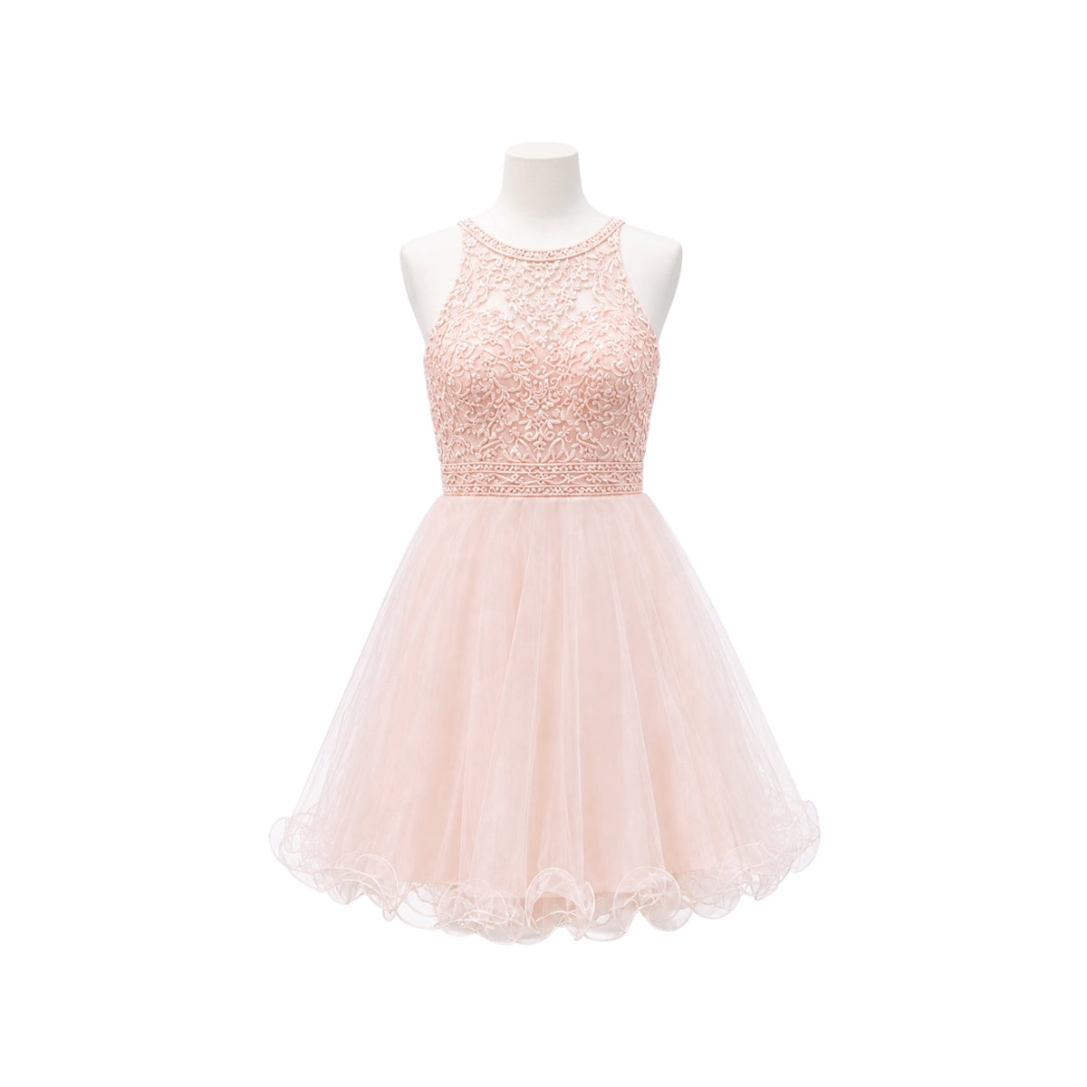 Blush Halter Embroidered & Beaded Tulle Jr. Dress with Lace-Up Back (M)
