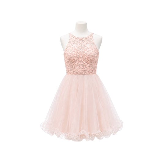 Blush Halter Embroidered & Beaded Tulle Jr. Dress with Lace-Up Back (M)