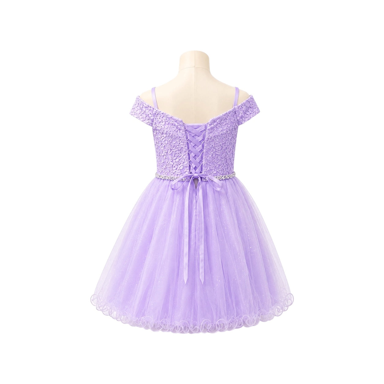 Lavender Off-the-Shoulder Lace Jr. Dress with Rhinestone Waist & Tulle Skirt (M)