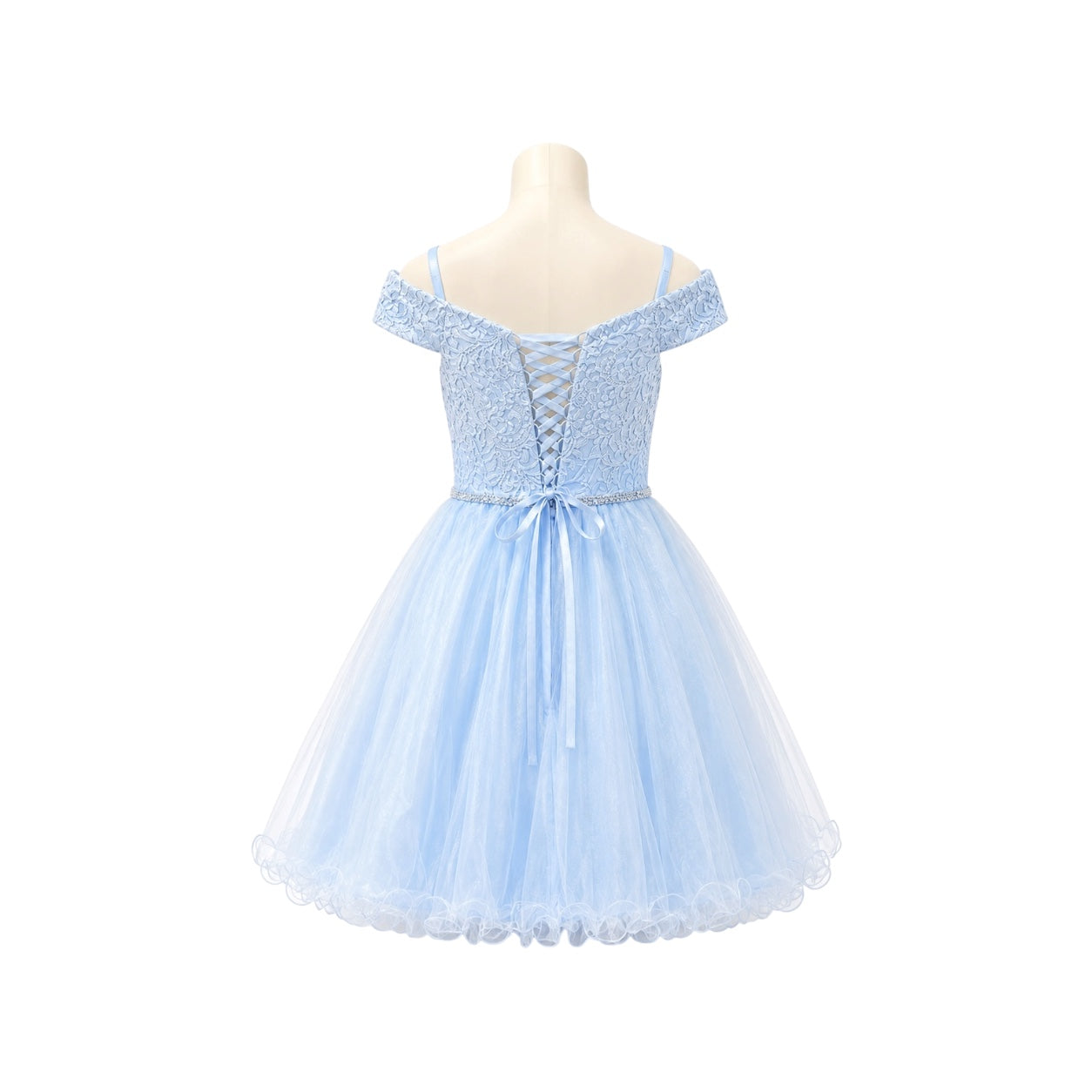 Baby Blue Off-the-Shoulder Lace Jr. Dress with Rhinestone Waist & Tulle Skirt (XS)