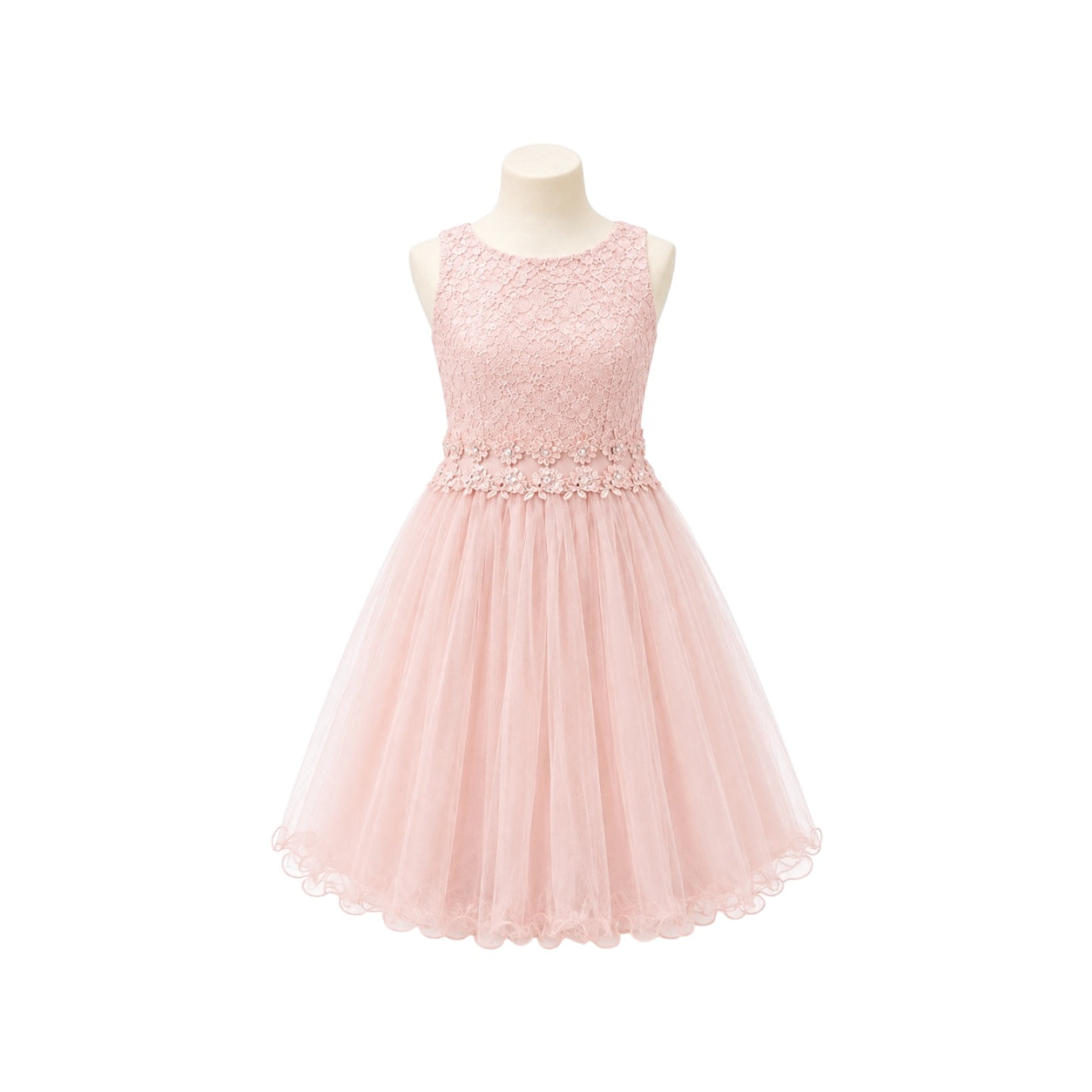 Blush Floral Lace Jr. Dress with Embellished Waist & Tulle Skirt (L)