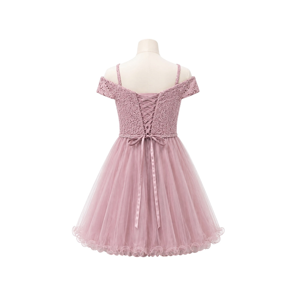 Mauve Off-the-Shoulder Lace Jr. Dress with Rhinestone Waist & Tulle Skirt (L)