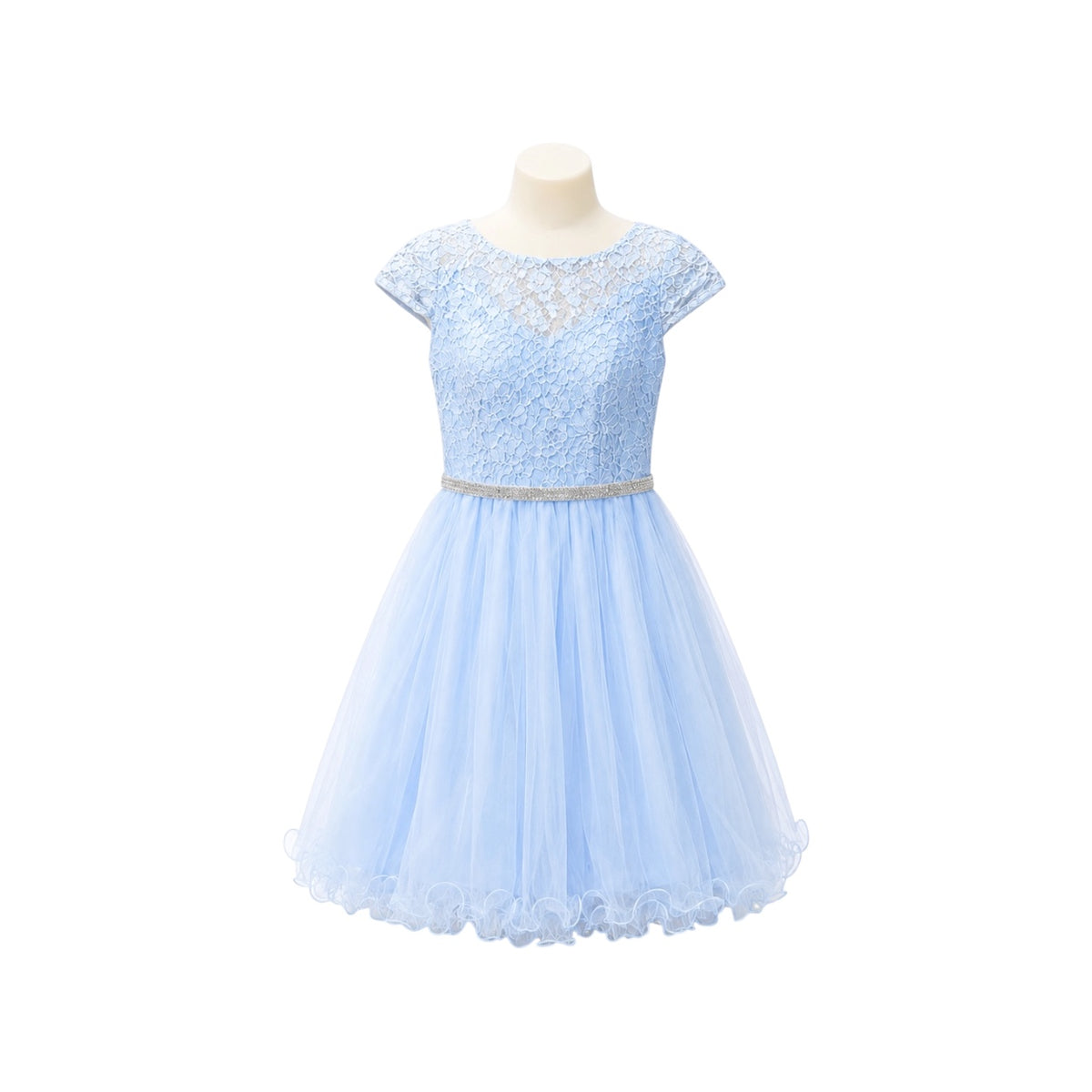 Cap Sleeve Lace Jr. Dress with Rhinestone Waist & Tulle Skirt