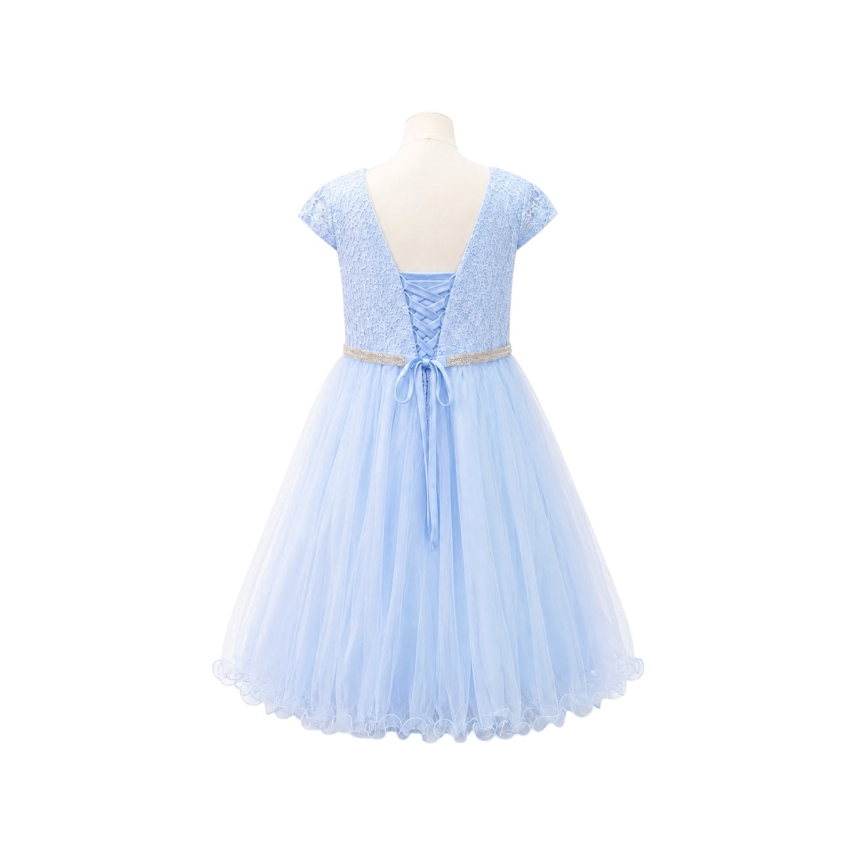 Cap Sleeve Lace Jr. Dress with Rhinestone Waist & Tulle Skirt