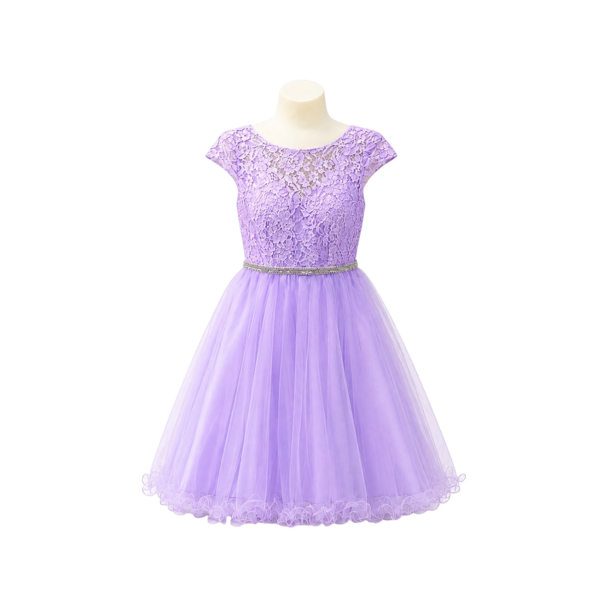 Cap Sleeve Lace Jr. Dress with Rhinestone Waist & Tulle Skirt