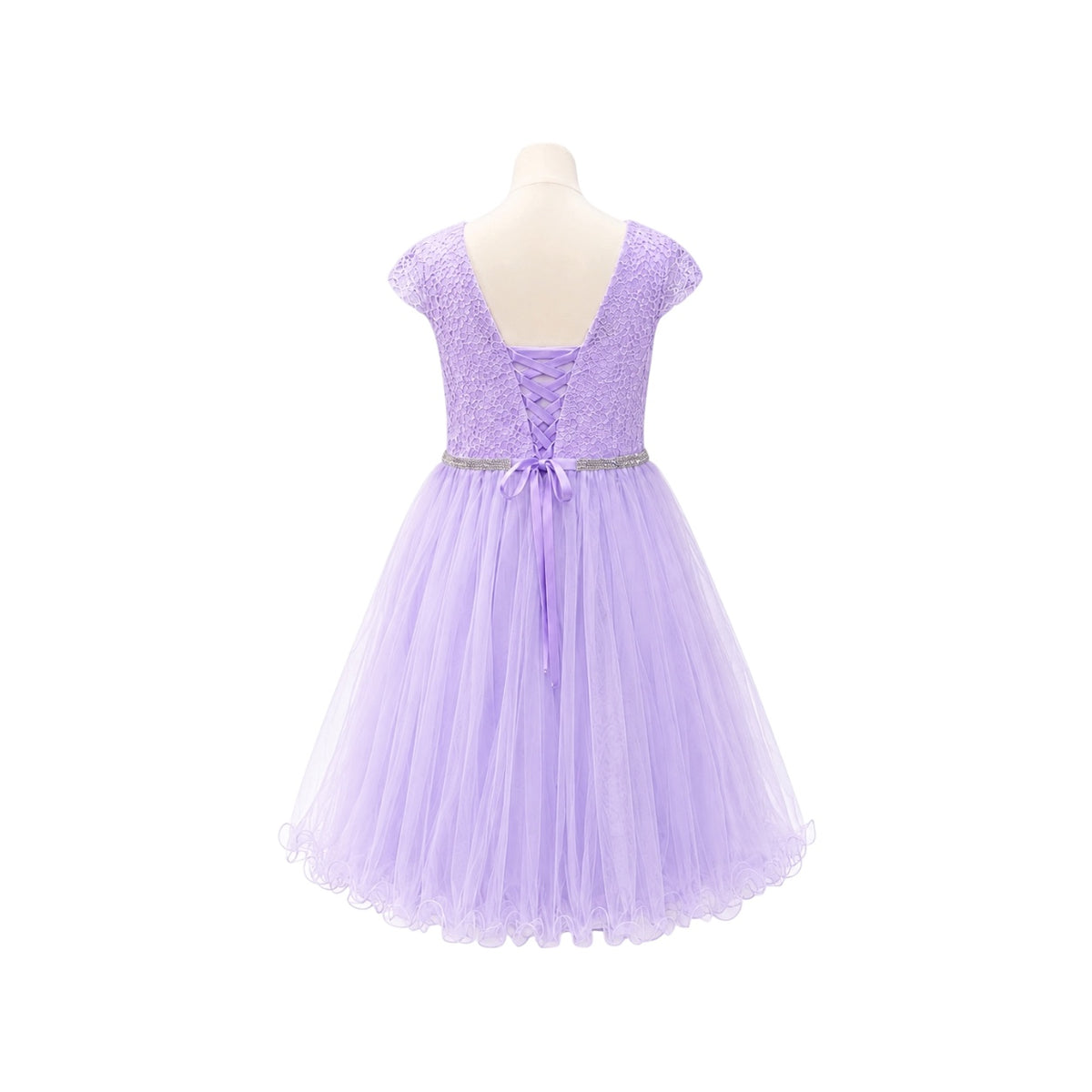 Cap Sleeve Lace Jr. Dress with Rhinestone Waist & Tulle Skirt