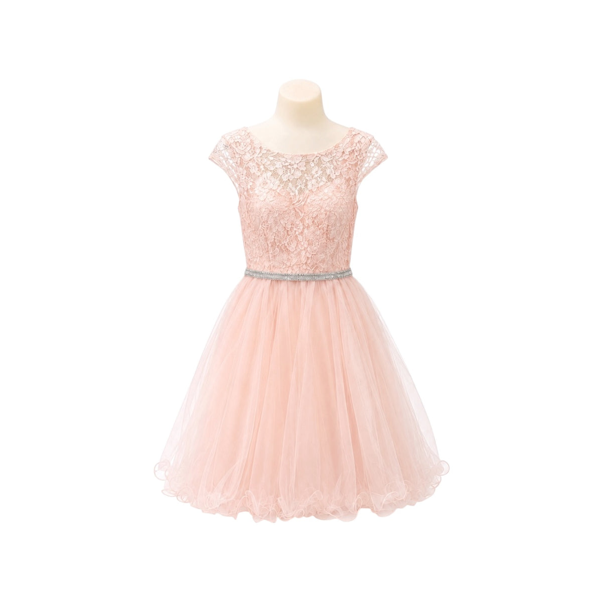 Cap Sleeve Lace Jr. Dress with Rhinestone Waist & Tulle Skirt