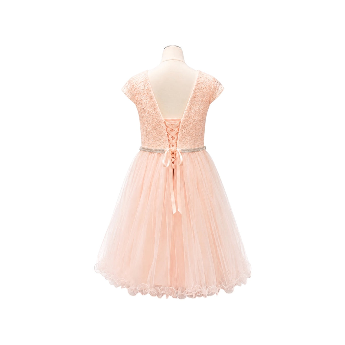 Cap Sleeve Lace Jr. Dress with Rhinestone Waist & Tulle Skirt