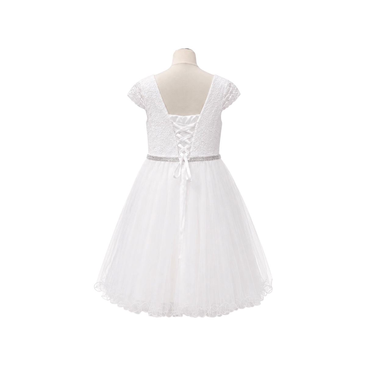 Cap Sleeve Lace Jr. Dress with Rhinestone Waist & Tulle Skirt