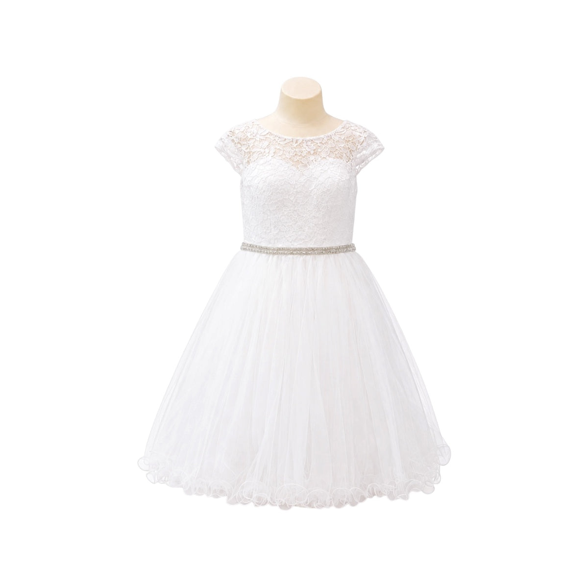 Cap Sleeve Lace Jr. Dress with Rhinestone Waist & Tulle Skirt