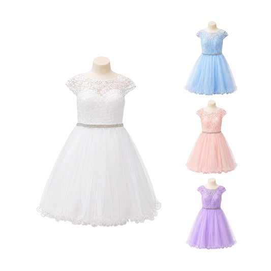 Cap Sleeve Lace Jr. Dress with Rhinestone Waist & Tulle Skirt