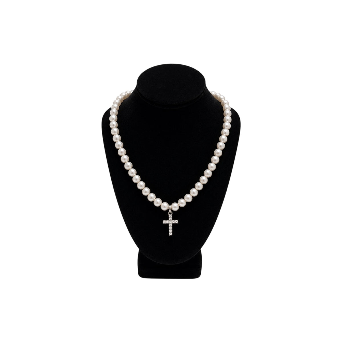 Pearl Necklace with Rhinestone Cross Pendant