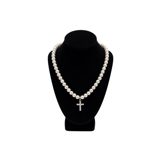Pearl Necklace with Rhinestone Cross Pendant