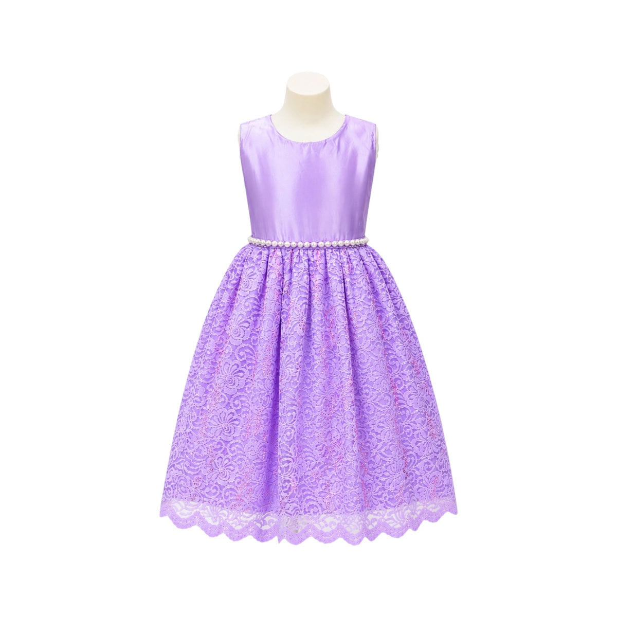Girls’ Lavender Glitter Lace Tea-Length Dress with Pearl & Rhinestone Belt (Size 8)