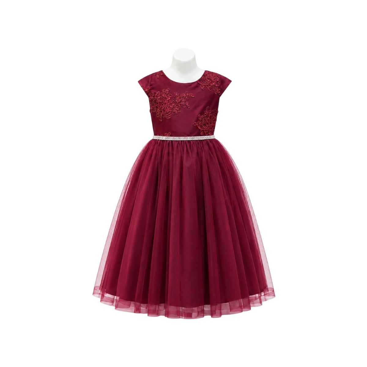 Cap Sleeve Burgundy Floral Embroidered Dress with Rhinestone Waist