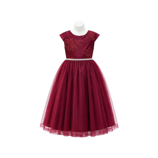 Cap Sleeve Burgundy Floral Embroidered Dress with Rhinestone Waist