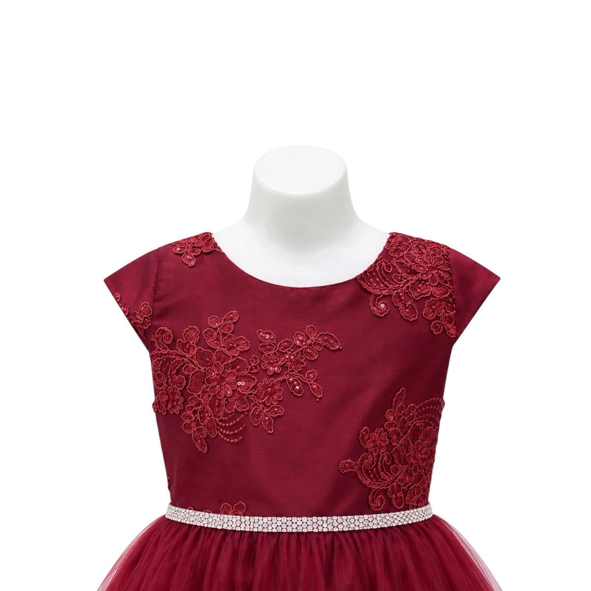 Cap Sleeve Burgundy Floral Embroidered Dress with Rhinestone Waist