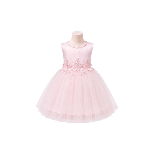 Fancy Kids Baby Girl Pearl Neckline Pink Dress with Floral Appliqué Waist & Layered Tulle Skirt