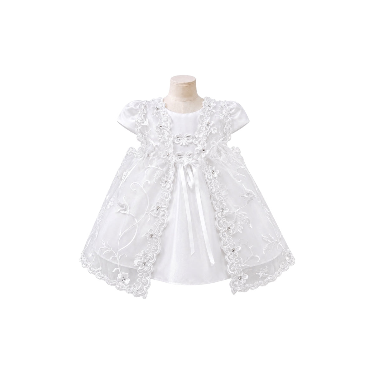 3-Piece White Butterfly Embroidered Baby Dress with Cape & Matching Bonnet