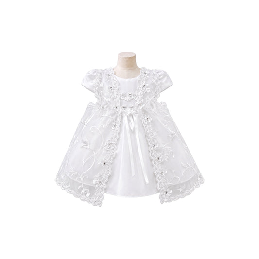 3-Piece White Butterfly Embroidered Baby Dress with Cape & Matching Bonnet