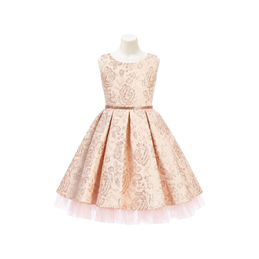Jolene Blush Metallic Floral Jacquard Dress with Crystal Tulle & Rhinestone Waist