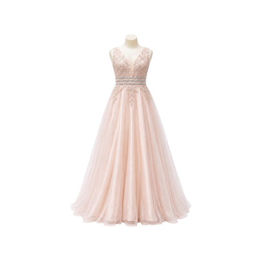 Dusty Pink Floral Embroidered Illusion Tulle Gown with Triple Rhinestone Waist