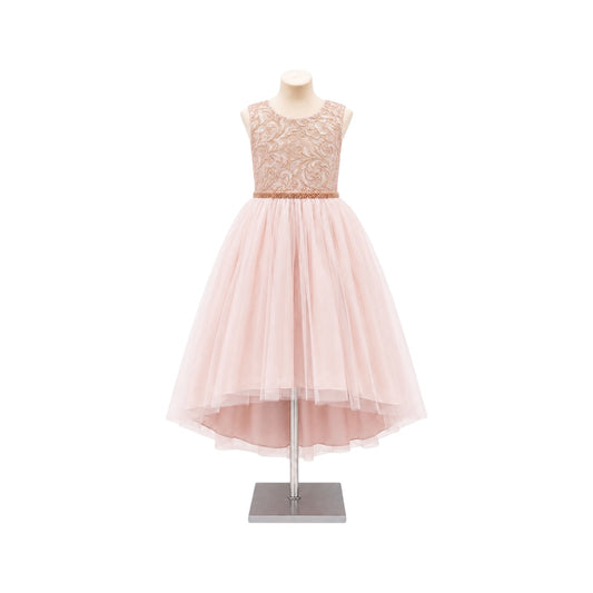 Jolene Blush Metallic Jacquard High-Low Tulle Dress with Rhinestone Waist