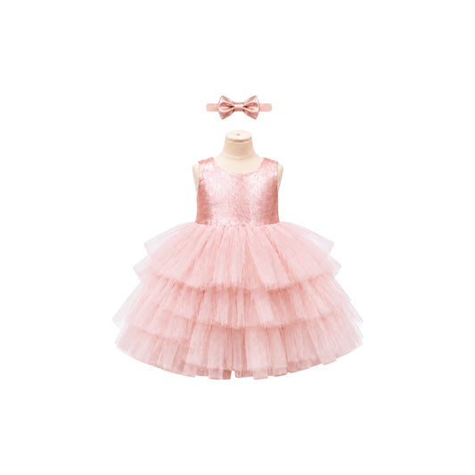 Baby Girl Rose Gold Glitter Tiered Tulle Dress with Rhinestone Waist & Matching Headband