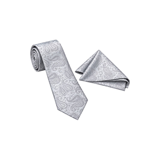 Purple Label Silver Paisley Necktie & Pocket Square Set