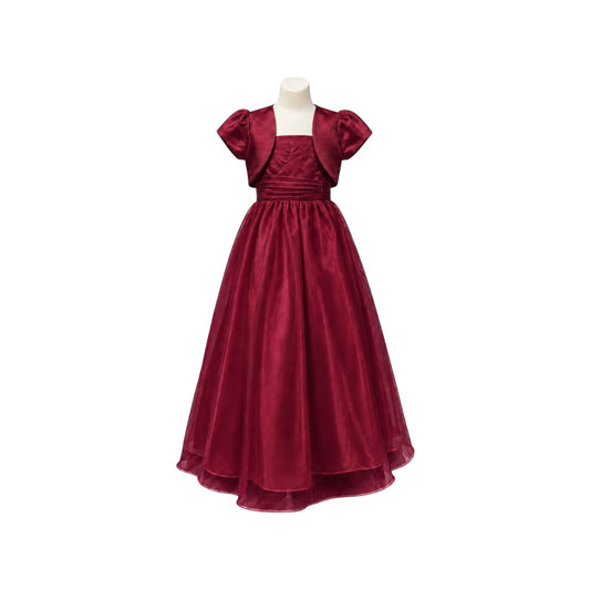 Fancy Kids Embroidered Burgundy Floor-Length Dress with Satin Bolero