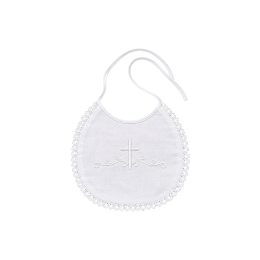 White Cotton Lace Trim Bib with Embroidered Cross