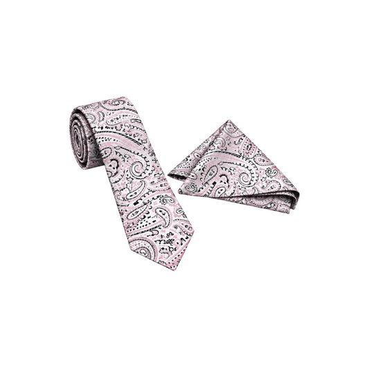 Paulo Sarto Pink, White & Black Paisley Men’s Necktie & Pocket Square Set
