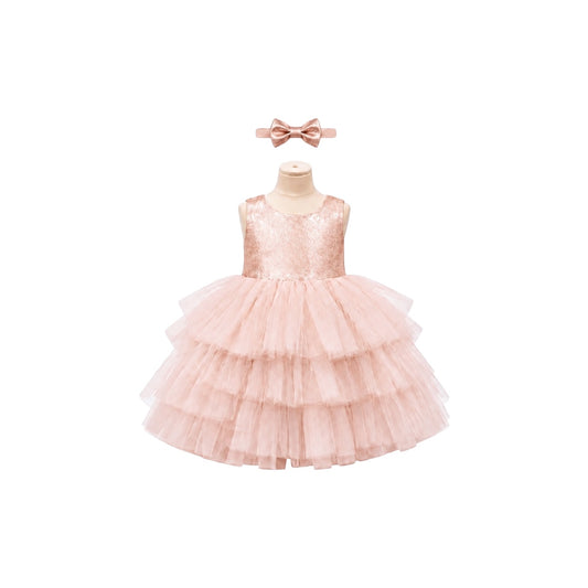 Baby Girl Rose Gold Glitter Tiered Tulle Dress with Rhinestone Waist & Matching Headband