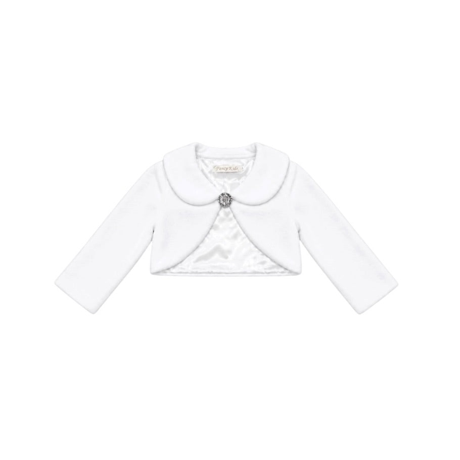 Fancy Kids Girls’ White Fleece Bolero with Rhinestone Closure