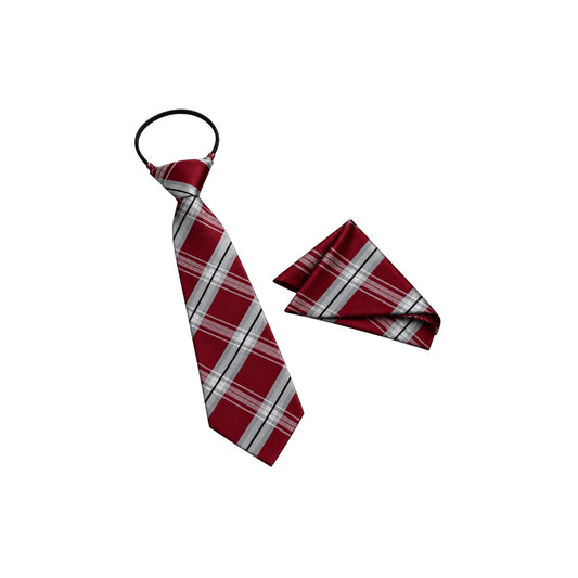 Boys' 14" Burgundy Plaid Zipper Tie & Pocket Square Set
