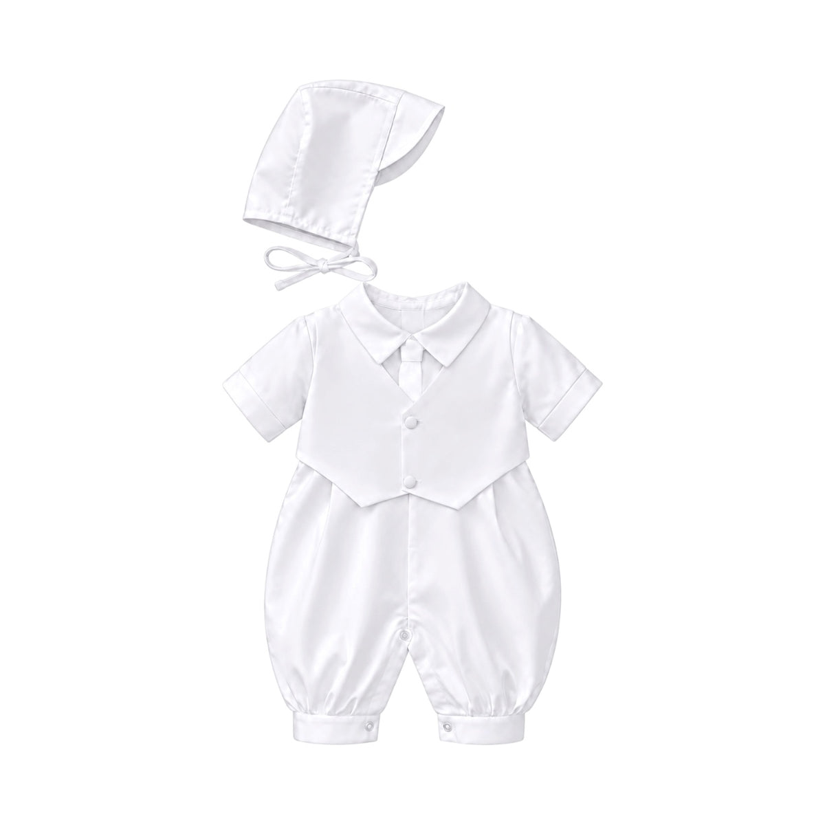 Mavezzano Baby Boys' White Short-Sleeve Baptism Romper with Bonnet (24 Months)