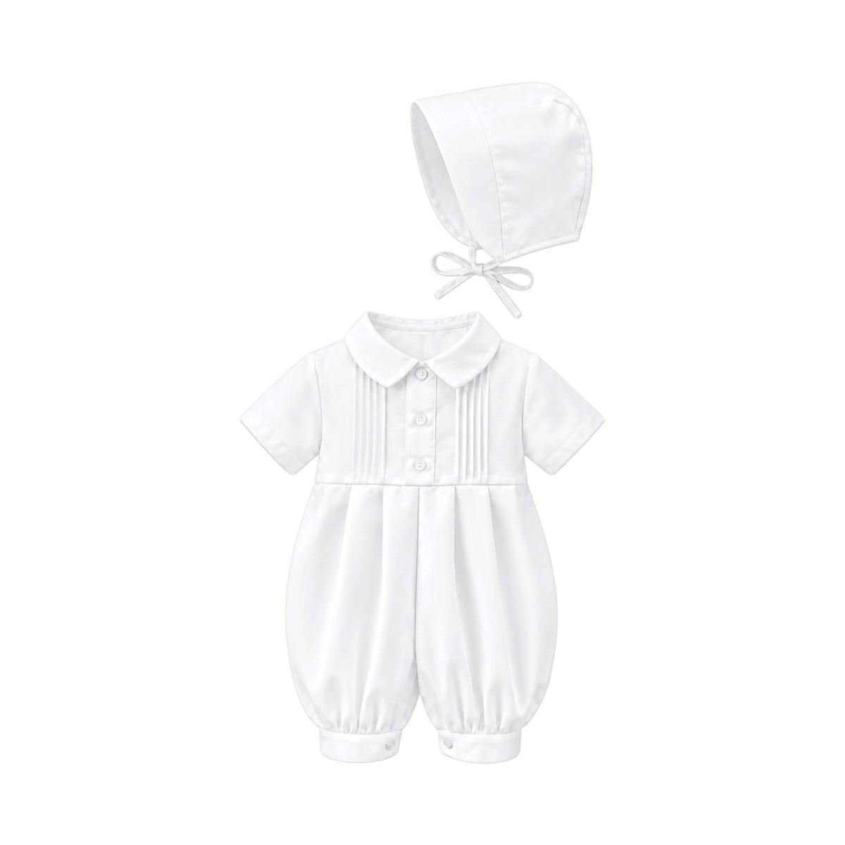 Mavezzano & Co Baby Boys' White Pleated Front Baptism Romper Set with Bonnet (24 Months)