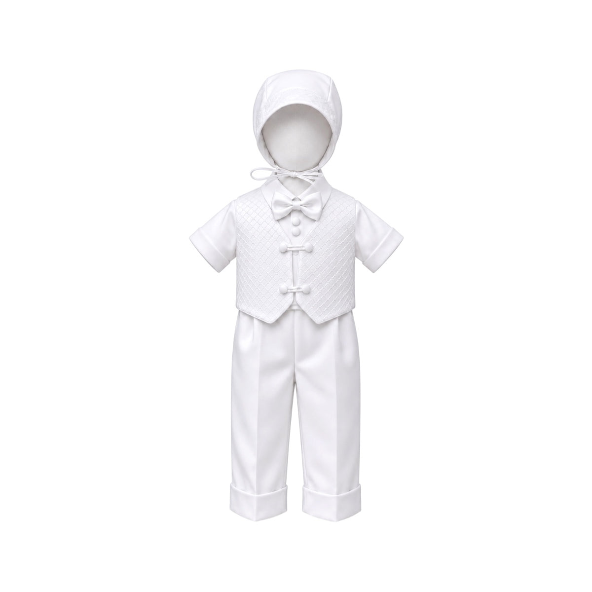 Tip Top Kids Baby Boys' White Diamond Embroidered 4-Piece Formal Suit with Bonnet