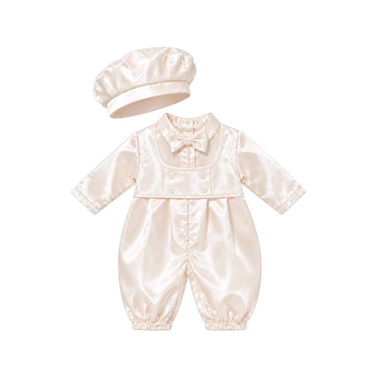 Caroline Baptême Baby Boys' Shiny Ivory 2-Piece Baptism Romper Set with Hat