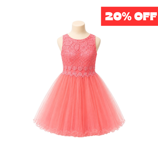 Coral Floral Lace Jr. Dress with Embellished Waist & Tulle Skirt (XS)