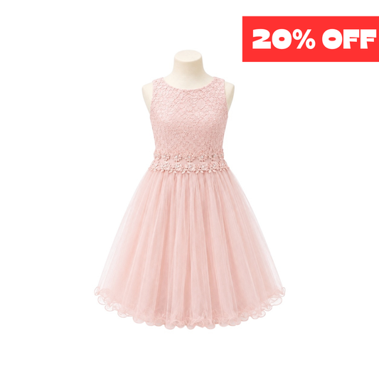 Blush Floral Lace Jr. Dress with Embellished Waist & Tulle Skirt (L)