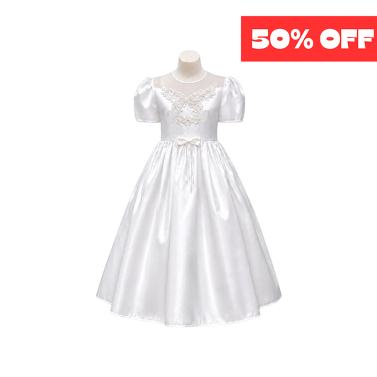 White Satin Puff Sleeve Dress with Embroidered Illusion Bodice & Pearl Bow