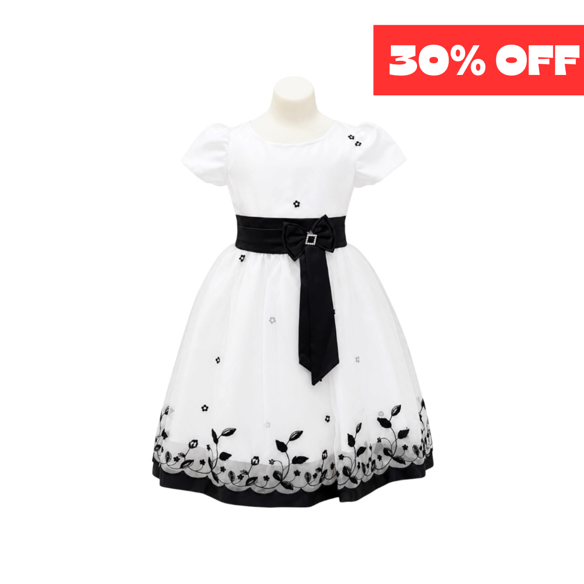Girls' White & Black Embroidered Tulle Dress with Satin Bow Sash (Size 2/3)