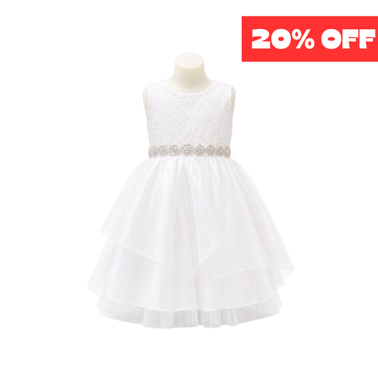 White Lace Bodice Layered Tulle Dress with Rhinestone Waist (Size 4)
