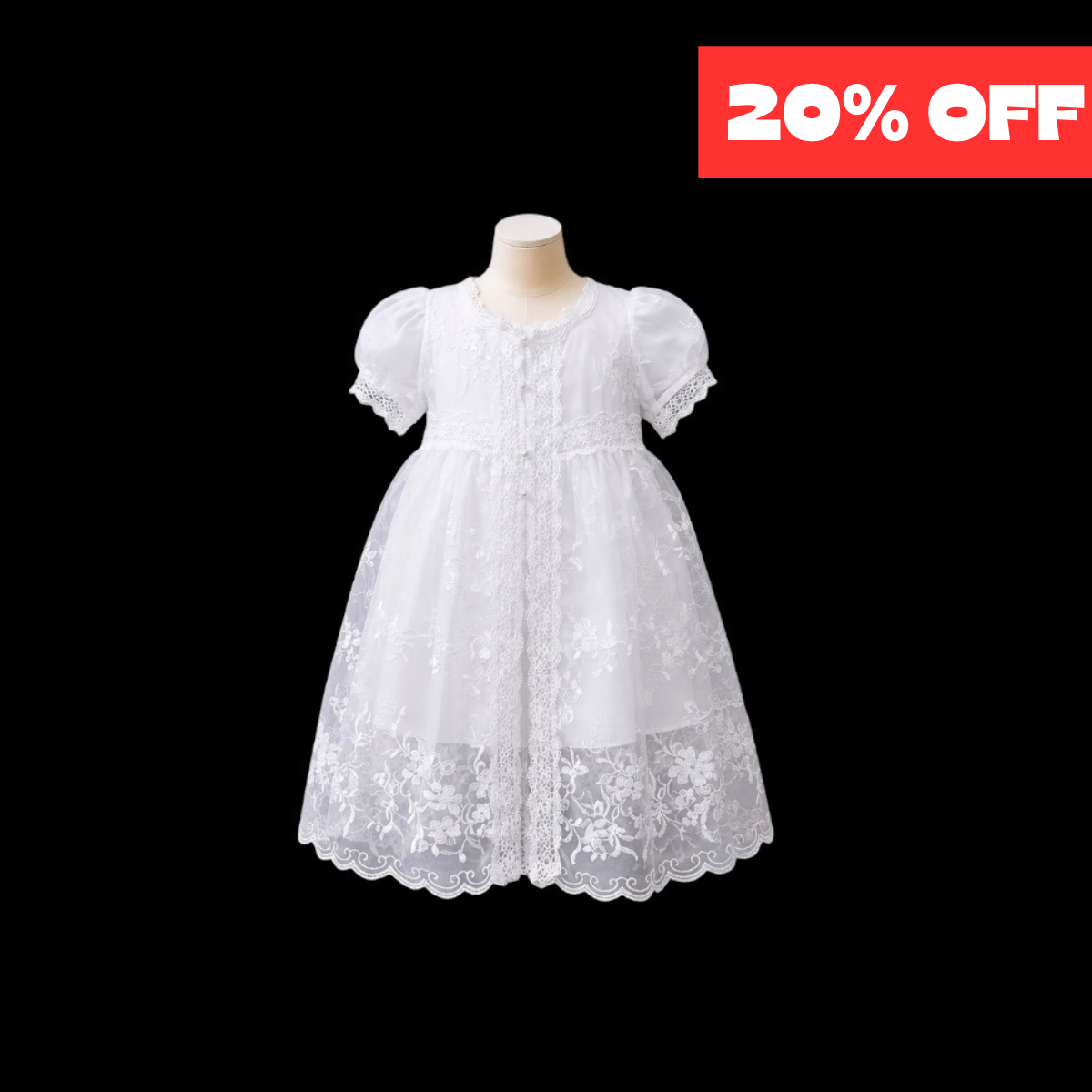 Baby Girl White Satin Baptism Dress with Lace Embroidered Overlay & Matching Bonnet (9–12 Months)
