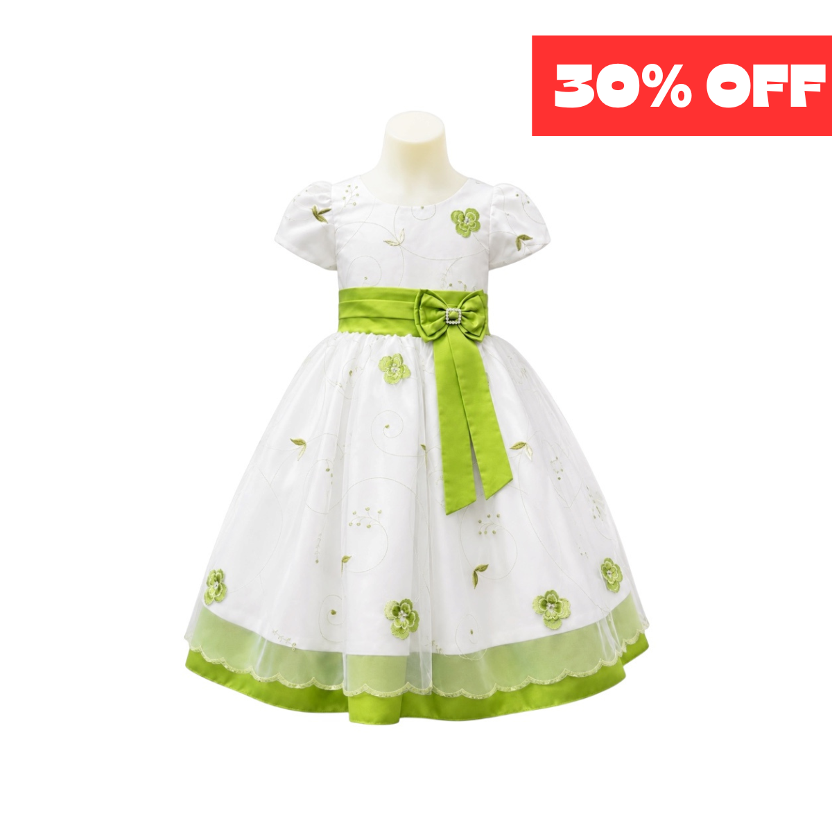 White & Green Floral Embroidered Dress with Satin Bow (Size 2/3)