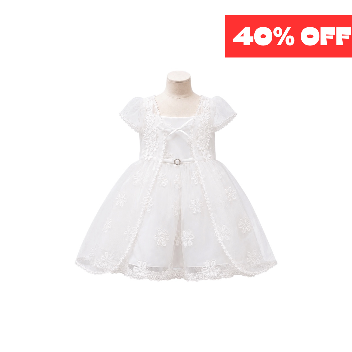 2-Piece White Floral Embroidered Baby Dress with Organza Overlay & Matching Bonnet (18–24 Months)