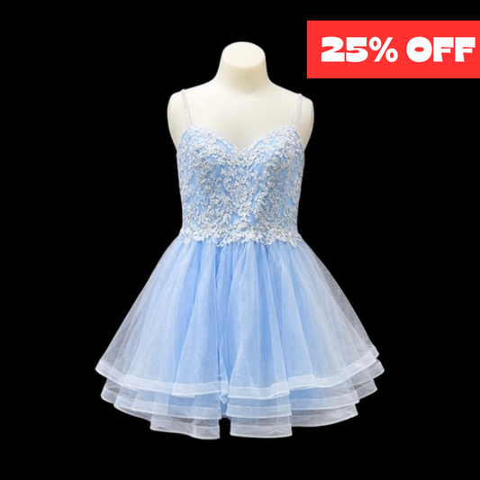 Light Blue Jr. Grad Dress with Lace Embroidered Bodice and Sparkle Tulle Skirt