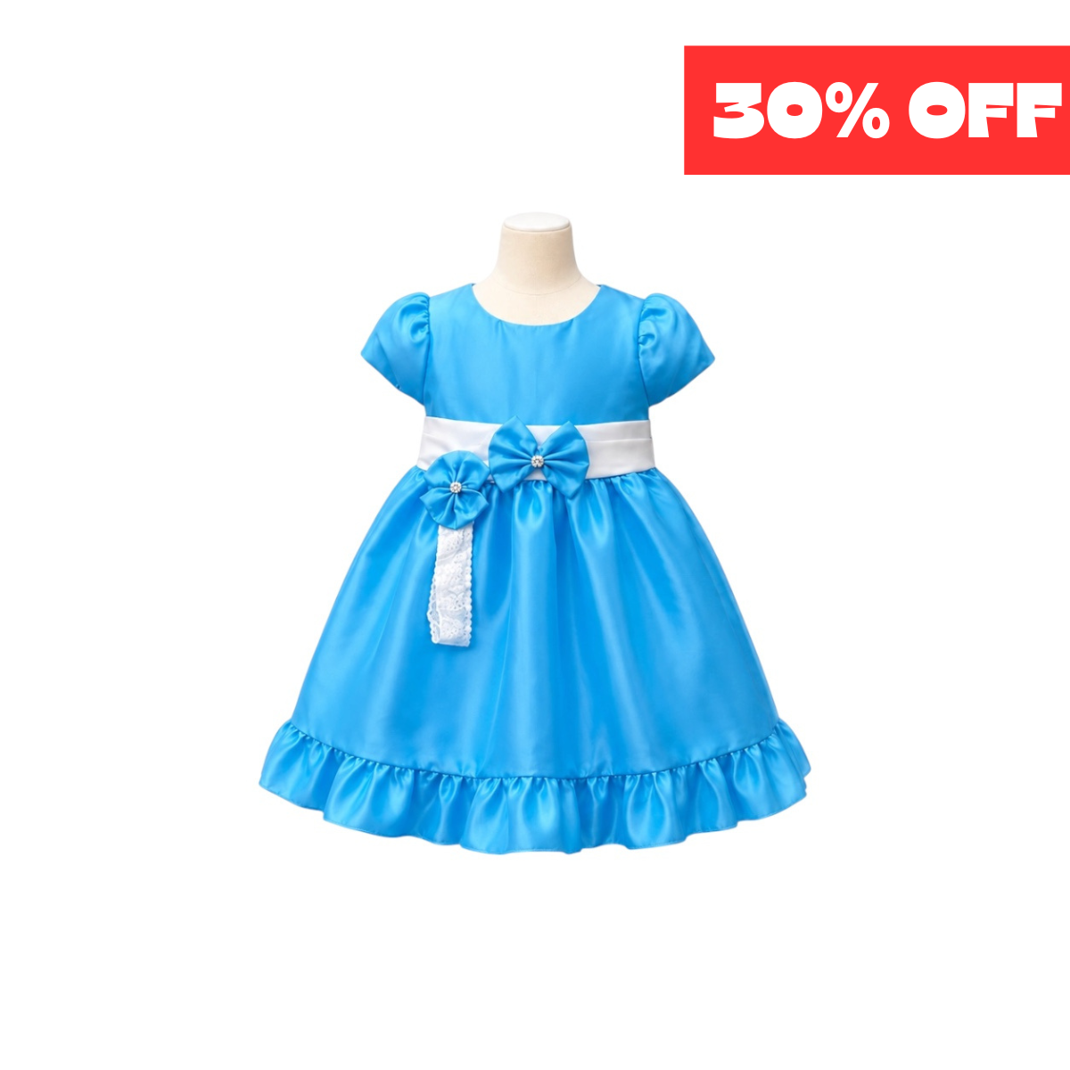 Baby Girl Sky Blue Satin Party Dress with White Sash, Bow & Matching Headband (3-6 months)